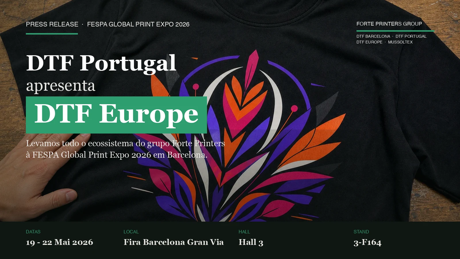 DTF Portugal apresenta DTF Europe na FESPA 2026 — stand 3-F164